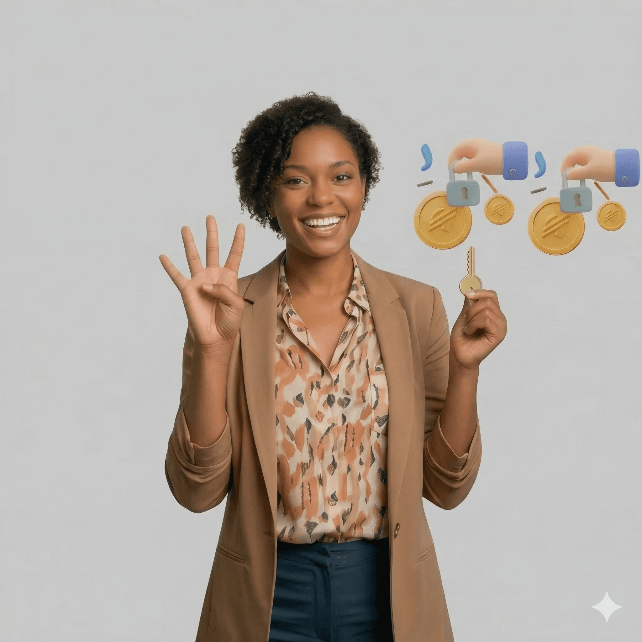 Woman holding key and showing four fingers